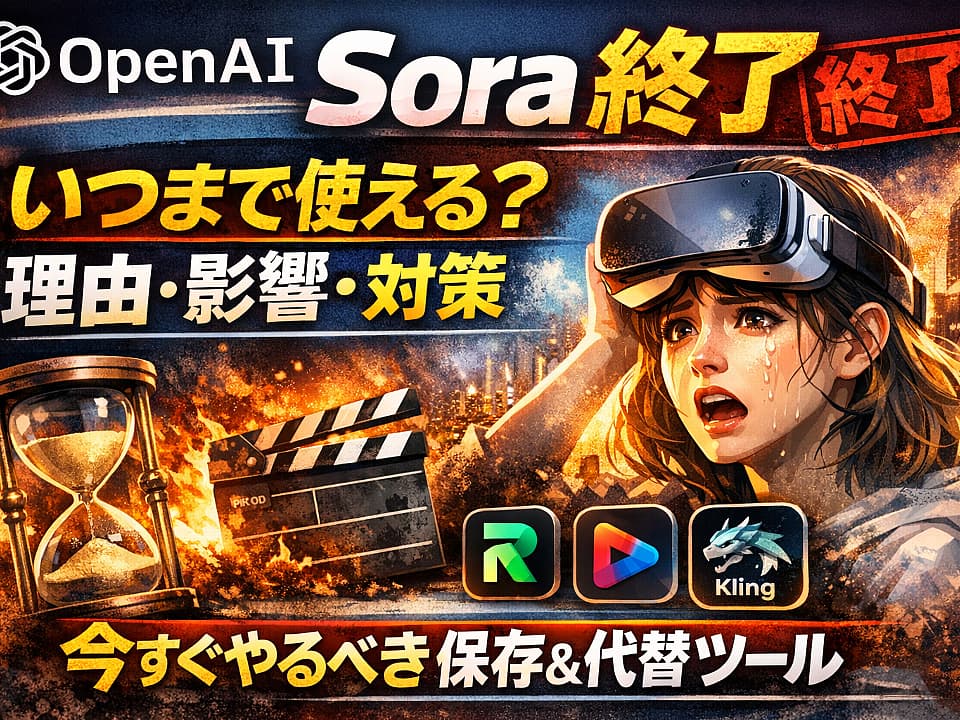 OpenAIの動画生成AI「Sora」が終了との情報は本当？いつまで使えるのか、終了理由やユーザーへの影響を徹底解説。今すぐやるべき保存方法と代替AIツールもまとめました。