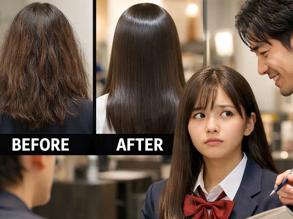 髪質改善のビフォーアフターと美容室で営業される高校生の様子