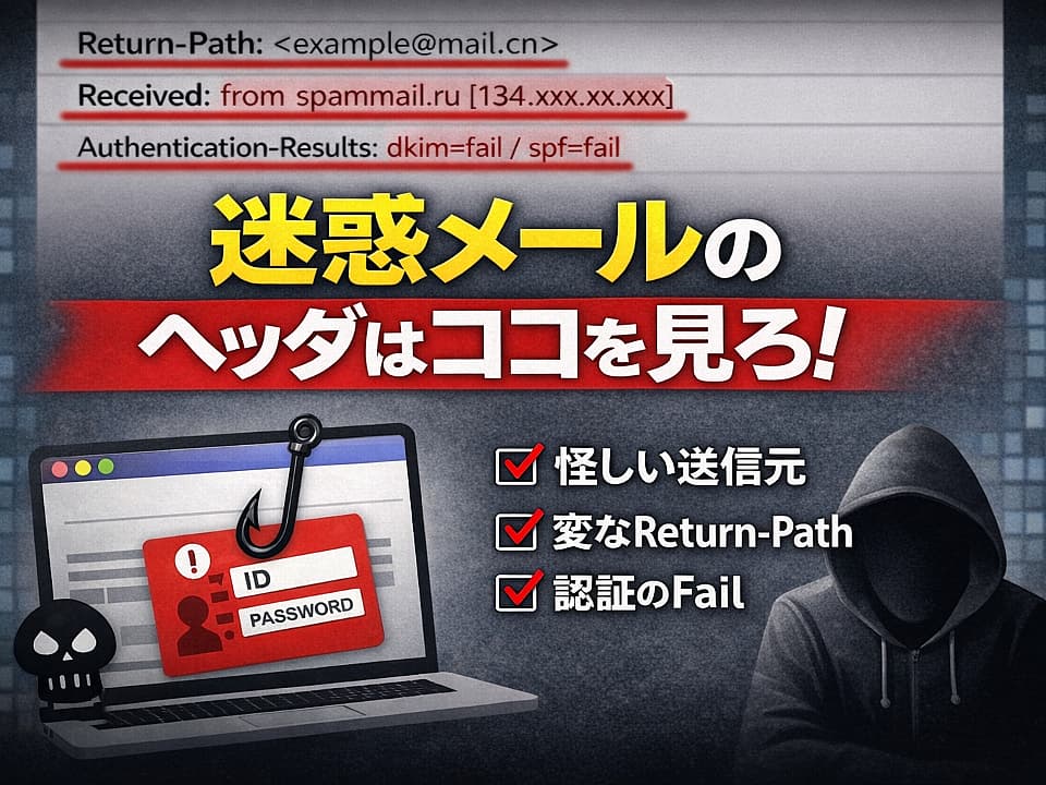 迷惑メールのヘッダの見方を解説する画像。Received・Return-Path・認証エラーを確認して詐欺メールを見抜く方法
