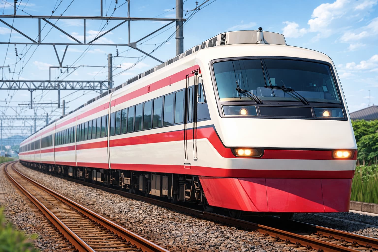 特急りょうもうの車両が線路上を走行するイメージイラスト。乗り方や乗車位置の解説記事用サムネイル