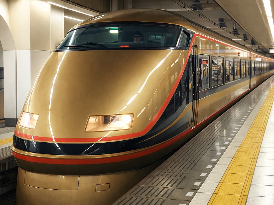 浅草駅に停車するスペーシア車両を斜め前から描いたイラスト。個室や乗り方を解説する記事用サムネイル