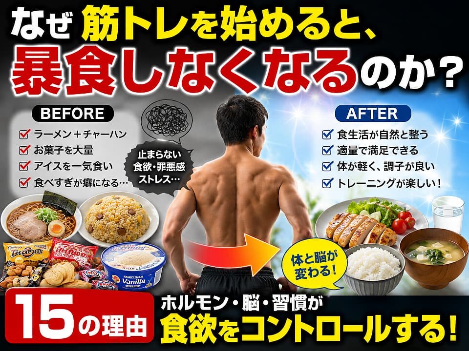 筋トレを始めると暴食しなくなる理由を表したイメージ。ラーメンやチャーハン、お菓子などの暴食から、筋トレによって食生活が整っていく変化を表現。