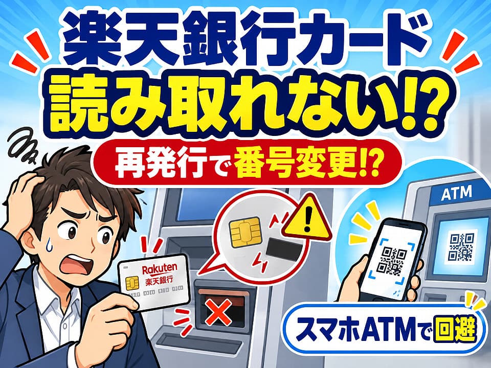 楽天銀行キャッシュカードがATMで読み取れず、再発行によるカード番号変更やスマホATMでの対処を示すイメージ画像