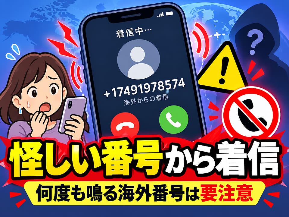 怪しい海外番号「+17491978574」からの着信をテーマにした注意喚起サムネイル。中央に大きなスマホ画面、左に驚く女性イラスト、右に警告マークや着信拒否マークを配置し、「怪しい番号から着信」「何度も鳴る海外番号は要注意」と大きく表示している。