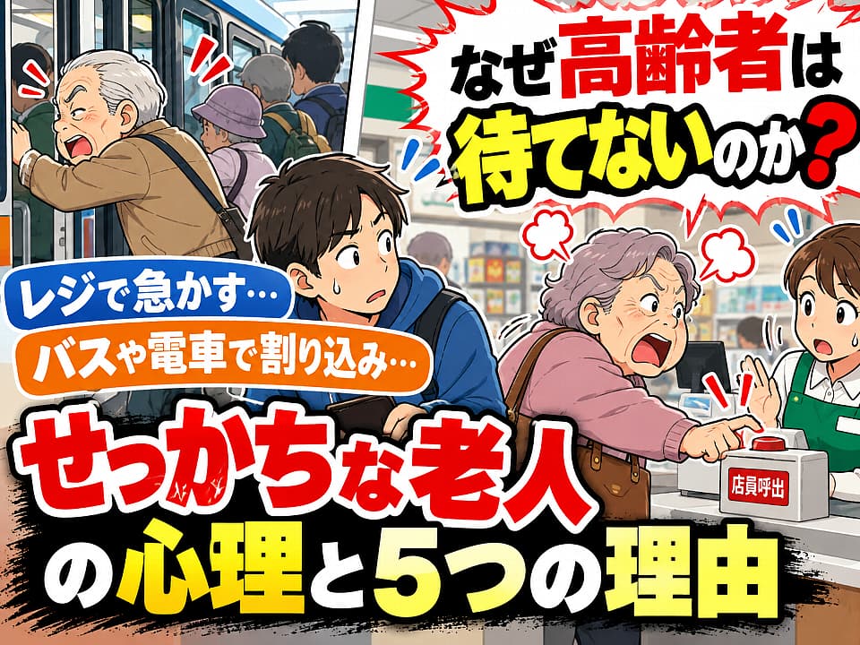 高齢者はなぜ待てないのか？コンビニのレジで店員呼び出しボタンを押して会計を急かす高齢女性や、バスに割り込んで乗車しようとする高齢男性を描いたイラスト。せっかちな高齢者の心理と5つの理由を解説。