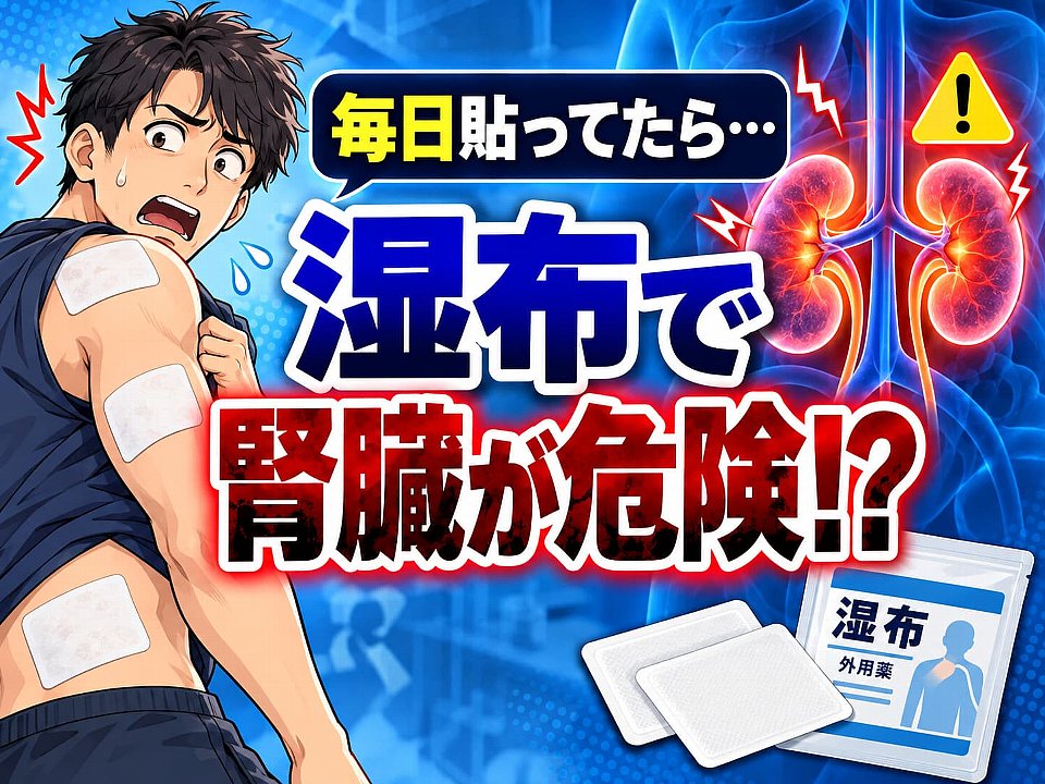 湿布を貼った男性と腎臓のイラストで、毎日の湿布使用による腎臓への影響を注意喚起する画像