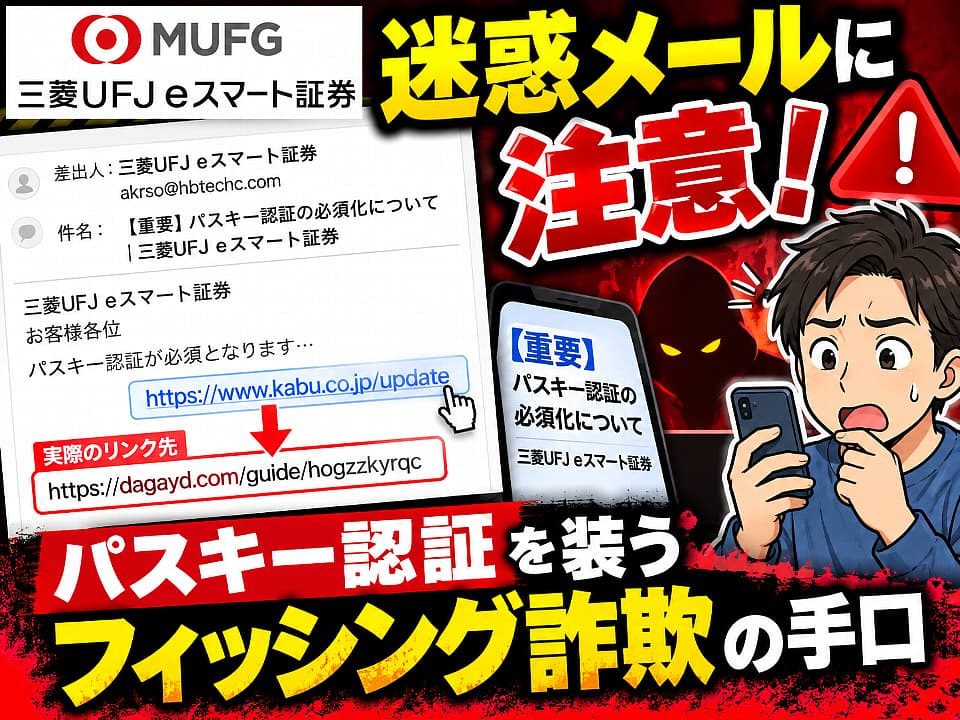 三菱UFJ eスマート証券を装った迷惑メールに注意！「パスキー認証の必須化について」という件名で偽サイトへ誘導するフィッシング詐欺の手口と、表示URLと実際のリンク先の違いを解説した注意喚起イラスト。