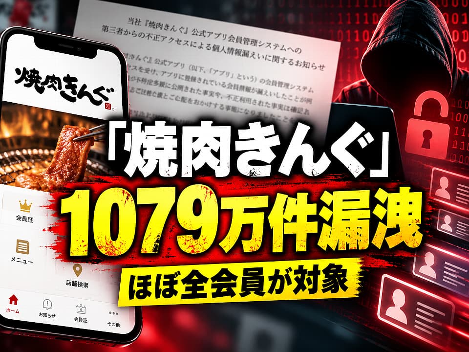 焼肉きんぐ公式アプリの個人情報漏洩を伝えるサムネイル。スマートフォン画面や不正アクセスをイメージした人物とともに「焼肉きんぐ 1079万件漏洩 ほぼ全会員が対象」と表示されている。